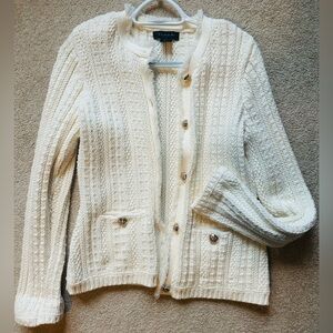 Tahari Medium Cream Cotton Acrylic Sweater Cardigan with Fringe EUC